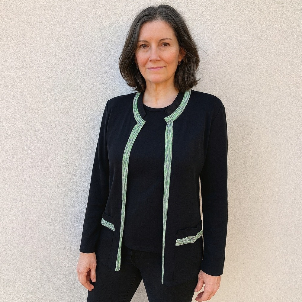 Misook Cardigan Womens XS Jacket Black‎ Knit Green Trim Career Office Preppy